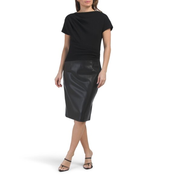 TERI JON Black Cap Sleeve Crepe Bodice Midi Dress With Faux Leather Skirt - Picture 1 of 2